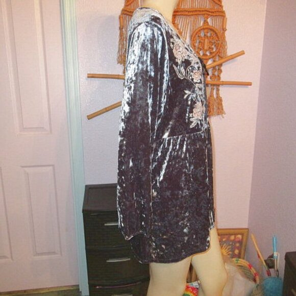 Velvet Embroidered Babydoll Tunic Top Size XL Lace Up Renaissance Fairy Peasant - Picture 7 of 12